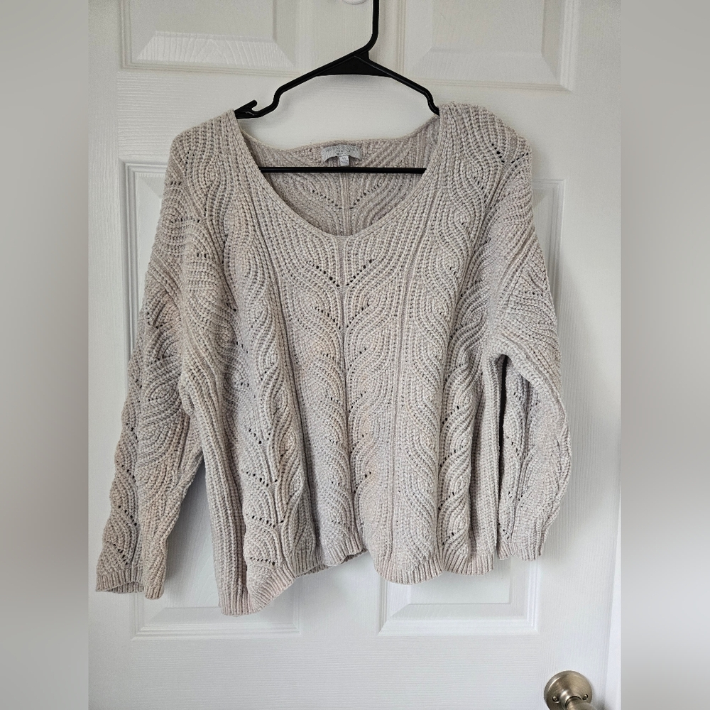 Women's Medium Cable Knit Fuzzy Cropped Cream Oatmeal Knit Sweater